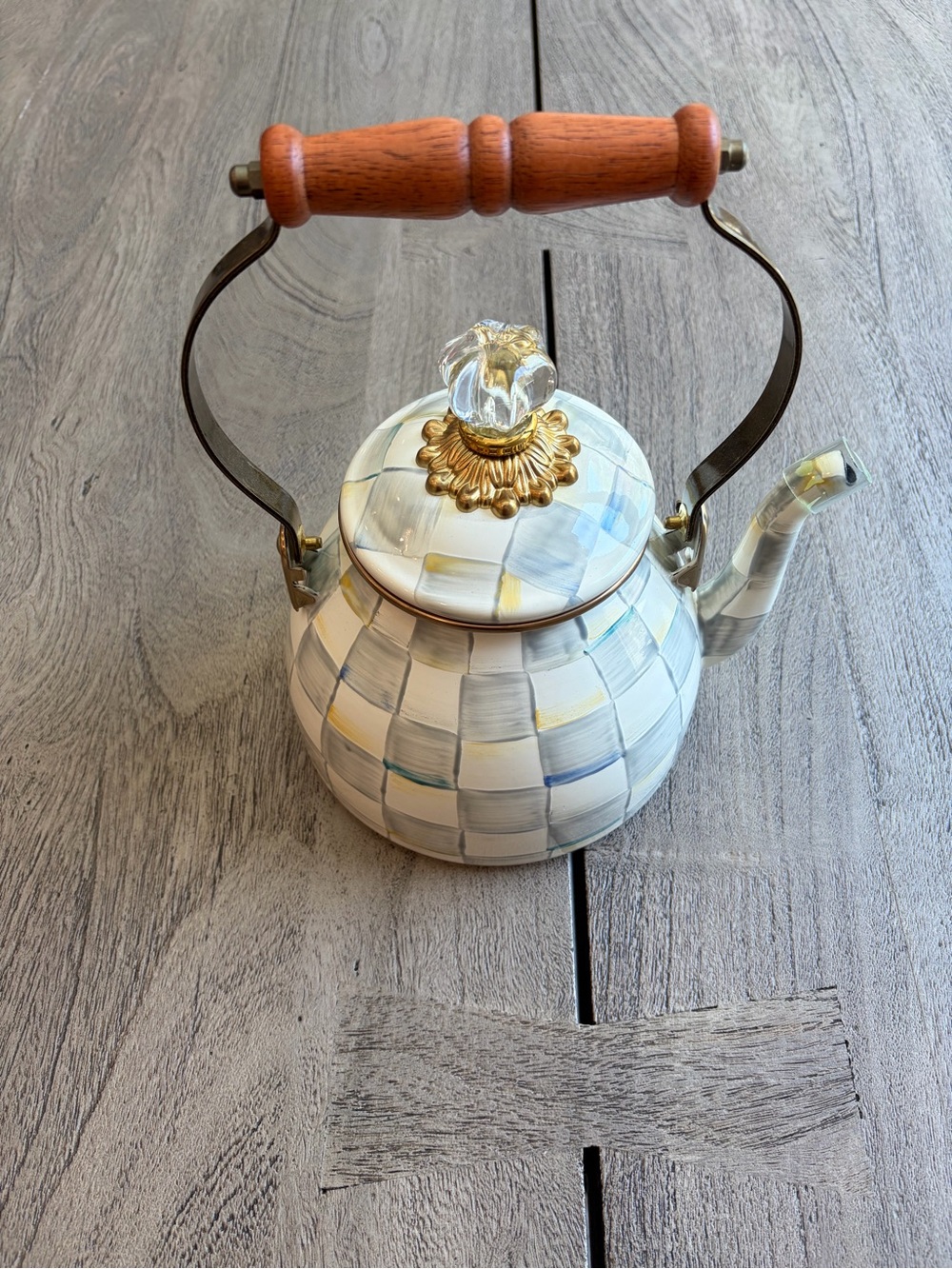 MacKenzie-Childs Sterling Check Enamel Tea Kettle 3 Quart - NEW without box
